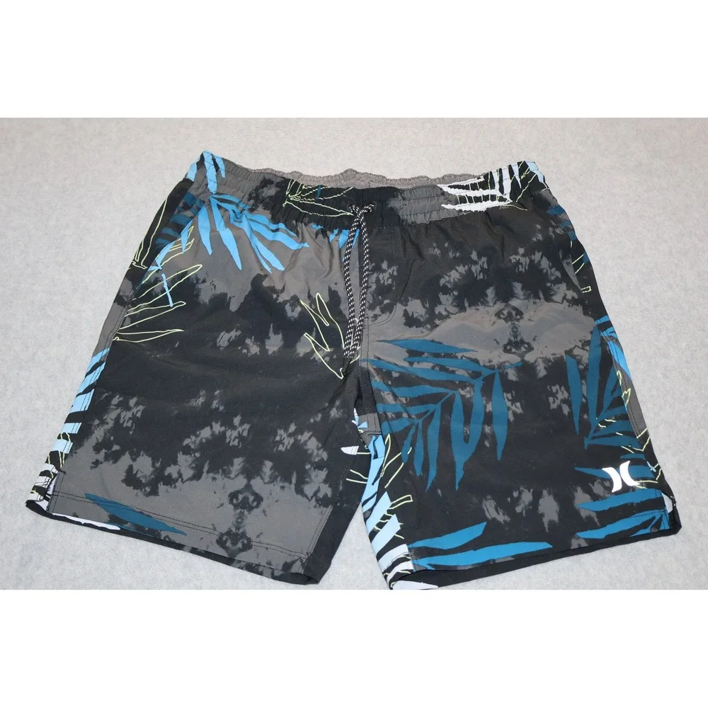 Hurley Swim Trunks Mens Medium Black Gray Blue Tie Dye Palm Leaf Board Shorts